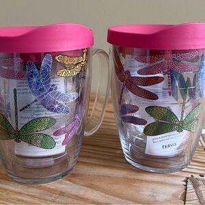 2 Tervis Dragonfly Coffee Mugs with Pink Lids Hot Cold Beverage
